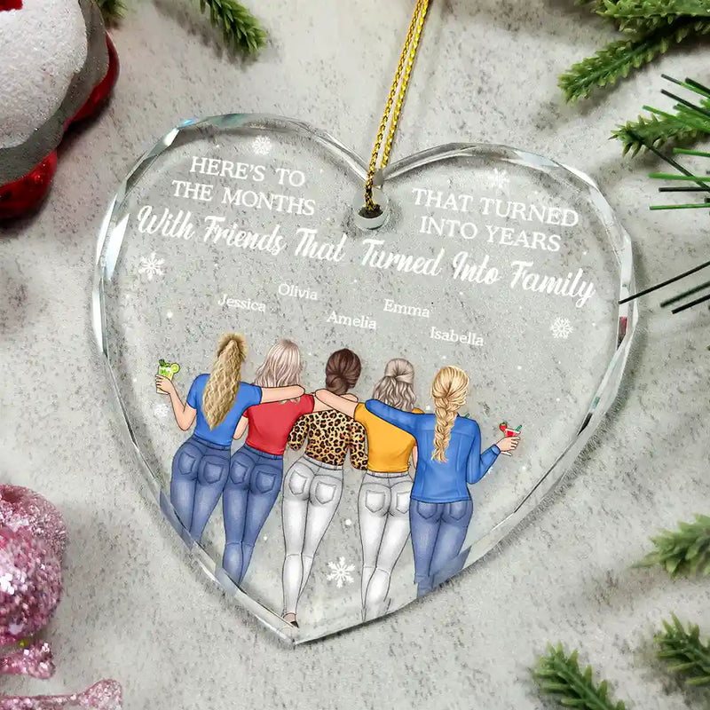 Gift For Bestie, Gifts For Colleagues, Christmas, Happy - Here's To The Months That Turned Into Years Besties - Personalized Heart Shaped Glass Ornament