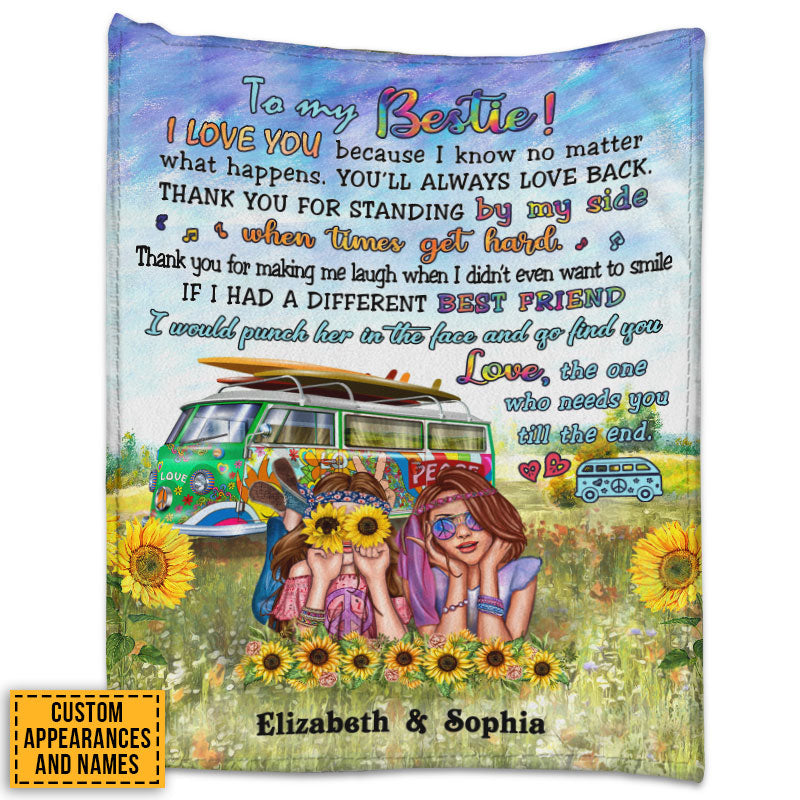 Couverture hippie « BFF Bestie When Times Get Hard » personnalisée, couverture BFF, cadeau pour amis
