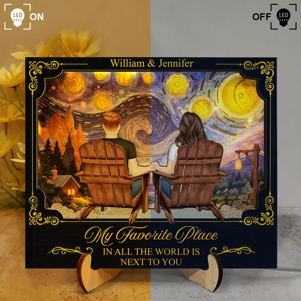 Old Couples,Gift For Couples,Gift For Husband,Gift For Wife,Gift For Boyfriend,Gift For Girlfriend,Love - Holding Hands Couple My Favorite Place Is Next To You - Personalized LED Light Wooden Plaque
