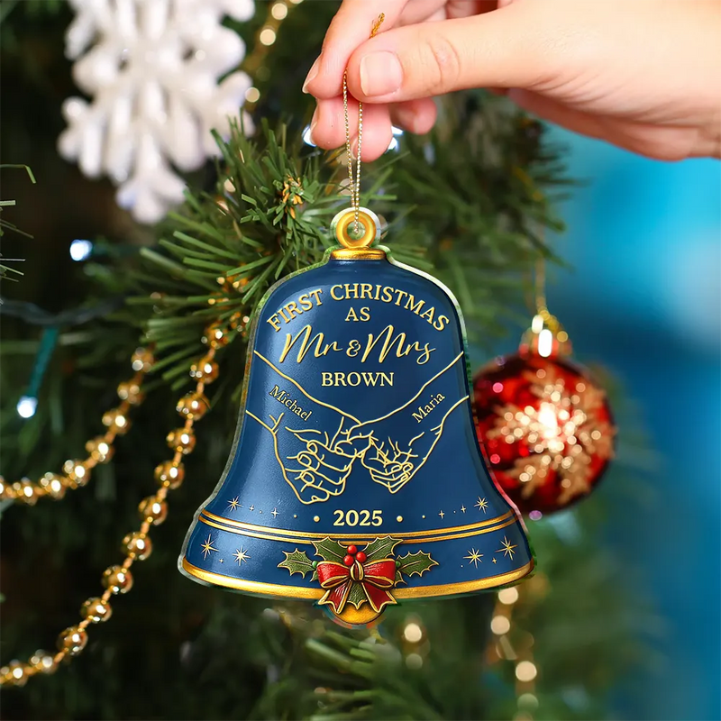 Christmas,Married ,Engaged,Gift For Couples,Gift For Husband,Gift For Wife,Gift For Boyfriend,Gift For Girlfriend,Love - Holding Hands First Christmas Couple Bell - Personalized Custom Shaped Acrylic Ornament