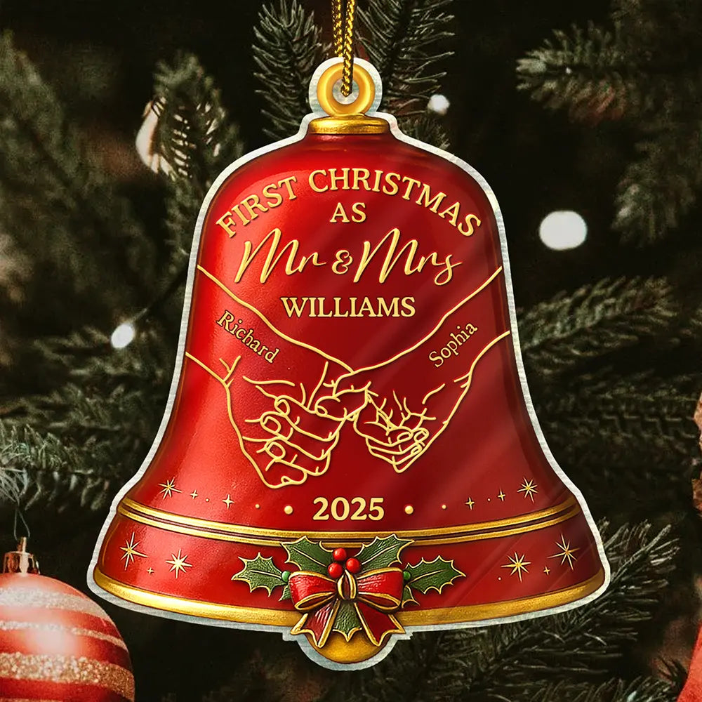 Christmas,Married ,Engaged,Gift For Couples,Gift For Husband,Gift For Wife,Gift For Boyfriend,Gift For Girlfriend,Love - Holding Hands First Christmas Couple Bell - Personalized Custom Shaped Acrylic Ornament