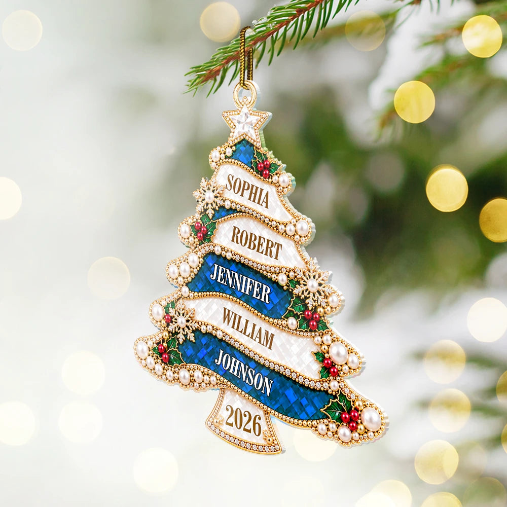 Christmas,Custom Text,Family,Happy,Top Market - Holiday Gift For Family - Personalized Christmas Tree Golden Pearl Acrylic Ornament