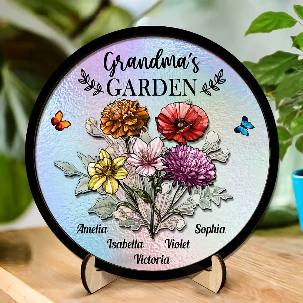 Gift For Grandma,Gift For Mother,Love - Holography Grandma's Garden Birth Flower - Personalized 2-Layered Wooden Plaque With Stand