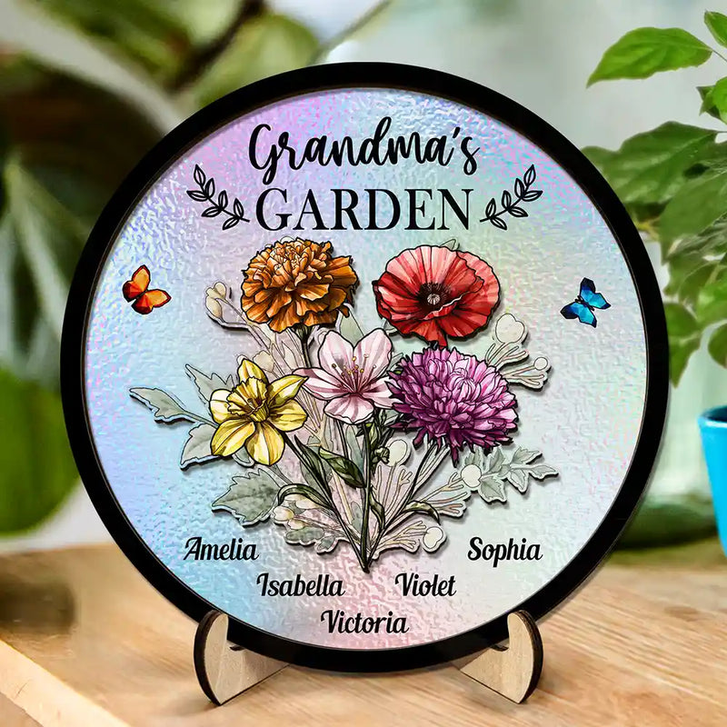 Gift For Grandma,Gift For Mother,Love - Holography Grandma's Garden Birth Flower - Personalized 2-Layered Wooden Plaque With Stand