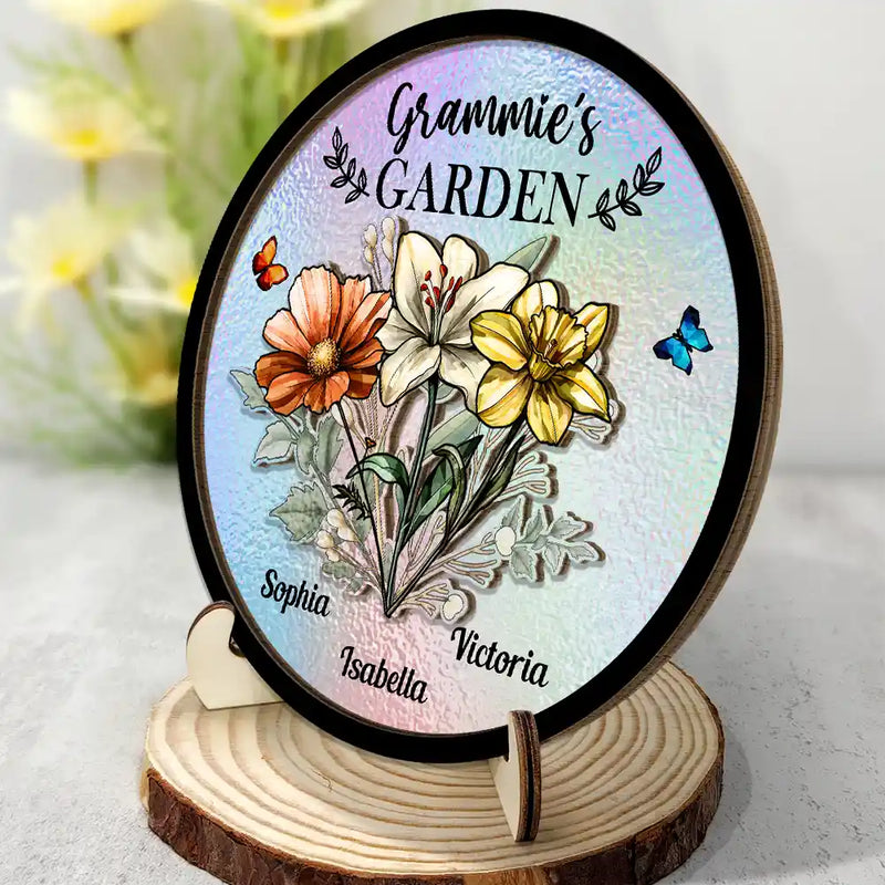 Gift For Grandma,Gift For Mother,Love - Holography Grandma's Garden Birth Flower - Personalized 2-Layered Wooden Plaque With Stand