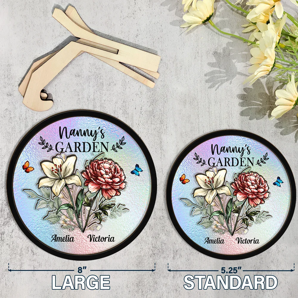Gift For Grandma,Gift For Mother,Love - Holography Grandma's Garden Birth Flower - Personalized 2-Layered Wooden Plaque With Stand