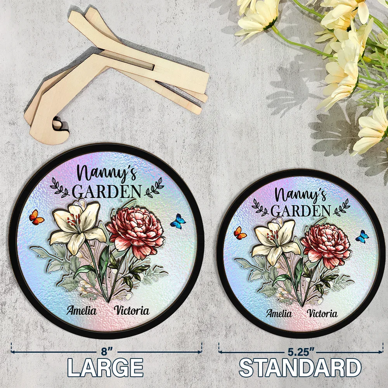 Gift For Grandma,Gift For Mother,Love - Holography Grandma's Garden Birth Flower - Personalized 2-Layered Wooden Plaque With Stand