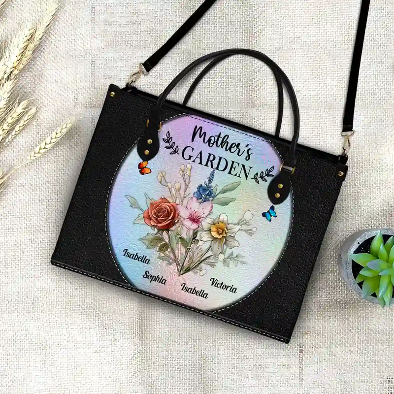Gift For Grandma,Gift For Mother,Love - Holography Grandma's Garden Birth Flower - Personalized Leather Bag