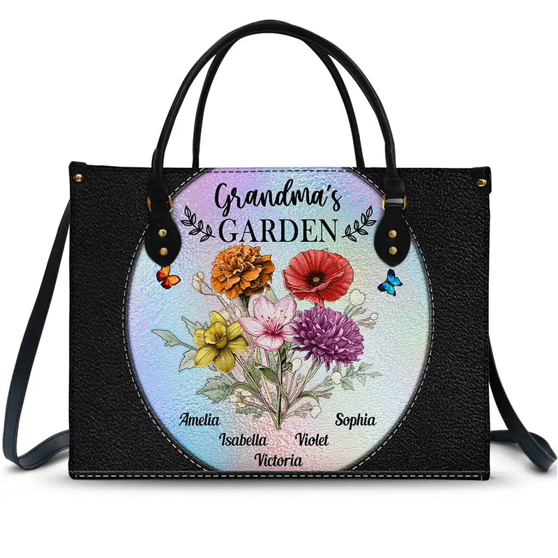 Gift For Grandma,Gift For Mother,Love - Holography Grandma's Garden Birth Flower - Personalized Leather Bag