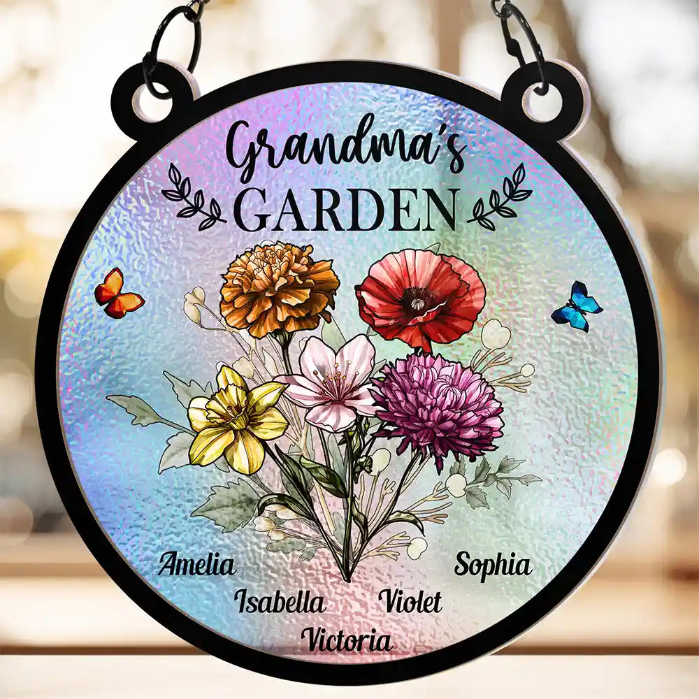 Holography Grandma's Garden Birth Flower - Personalized Window Hanging Suncatcher Ornament