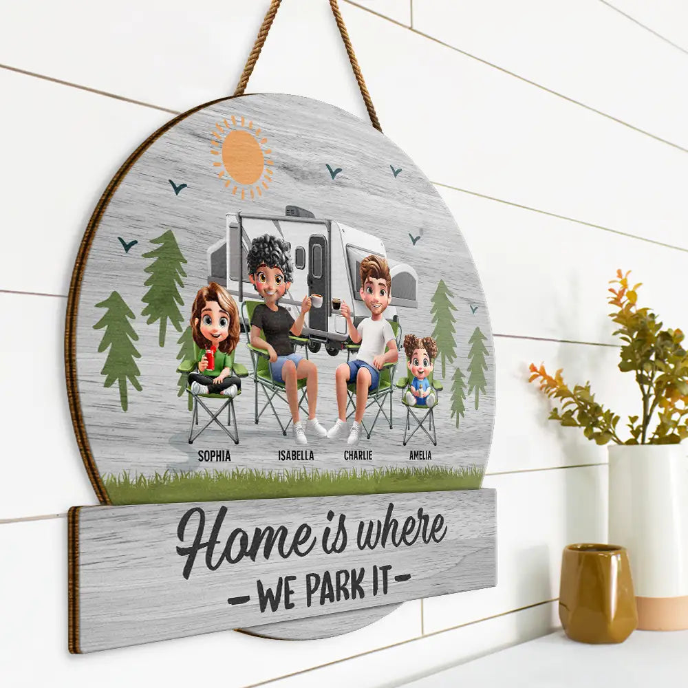 Summer,Outdoor Decor,Camping,Family,Playful,Vector - Home Is Where We Park It - Personalized Custom Shaped Wood Sign