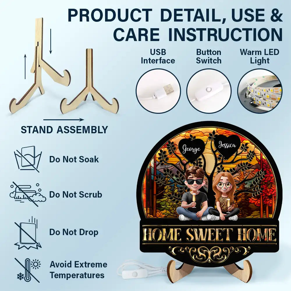 Parents, Family, Love, Happy - Home Sweet Home Family - Personalized LED Light Wooden Plaque