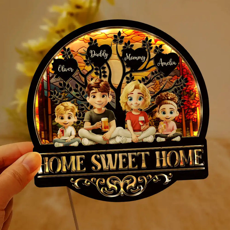 Parents, Family, Love, Happy - Home Sweet Home Family - Personalized LED Light Wooden Plaque