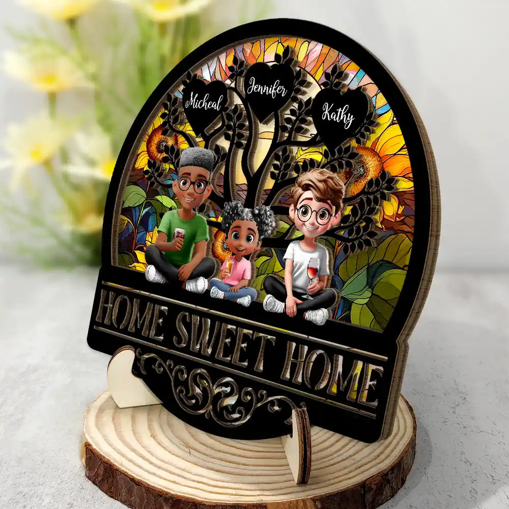 Parents,Family,Love,Happy - Home Sweet Home Family - Personalized 2-Layered Wooden Plaque With Stand