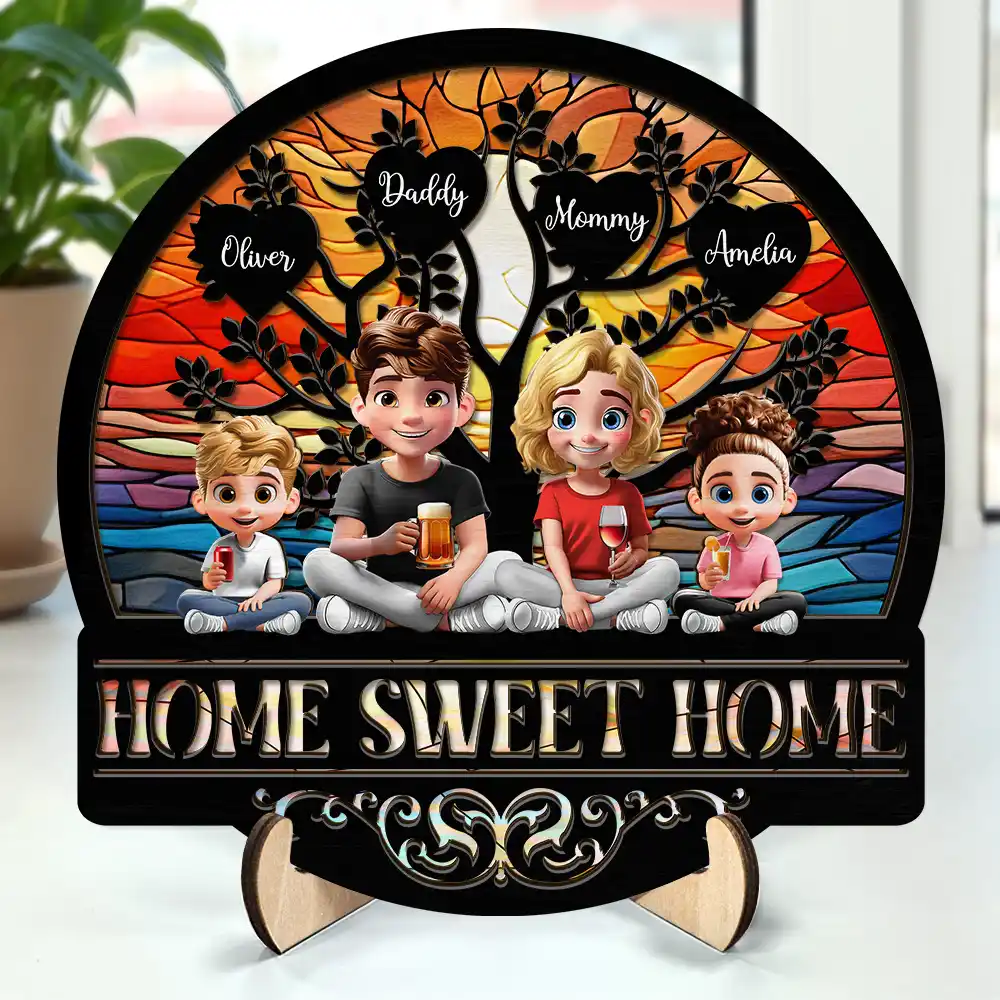 Parents,Family,Love,Happy - Home Sweet Home Family - Personalized 2-Layered Wooden Plaque With Stand