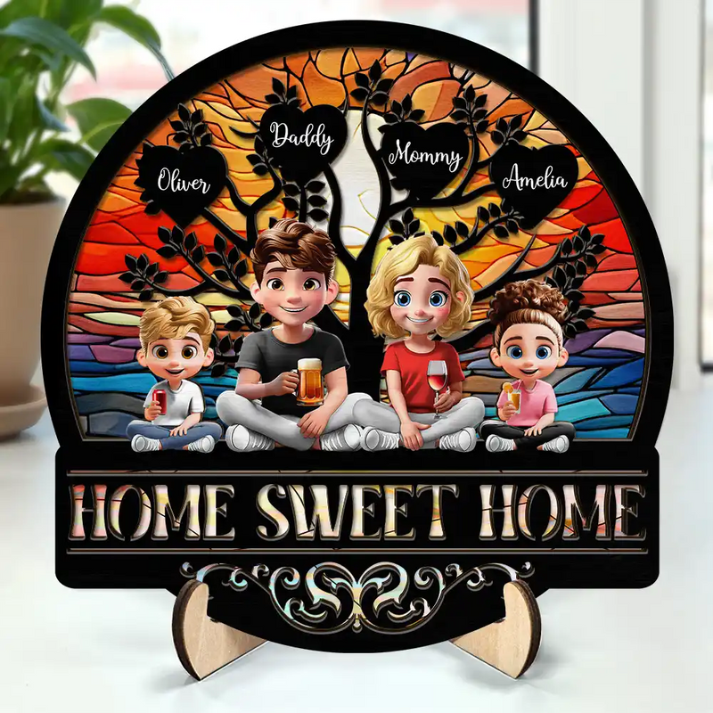 Parents,Family,Love,Happy - Home Sweet Home Family - Personalized 2-Layered Wooden Plaque With Stand
