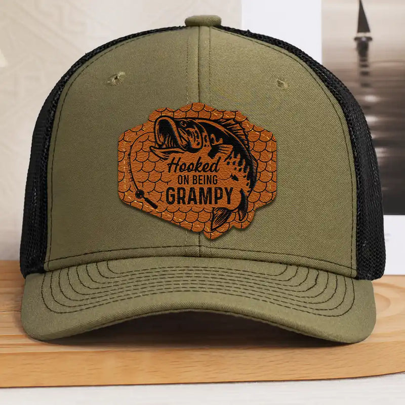 Fishing,Dad's Hobby,Gift For Grandpa - Hooked On Being Grandpa Dad Fishing - Personalized Leather Patch Hat