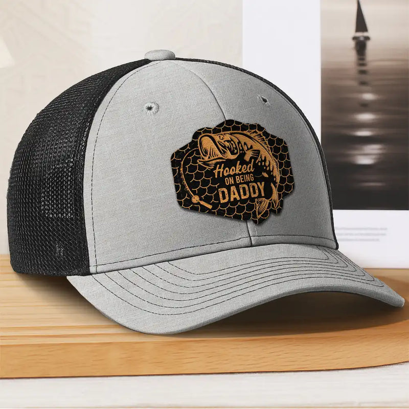 Fishing,Dad's Hobby,Gift For Grandpa - Hooked On Being Grandpa Dad Fishing - Personalized Leather Patch Hat