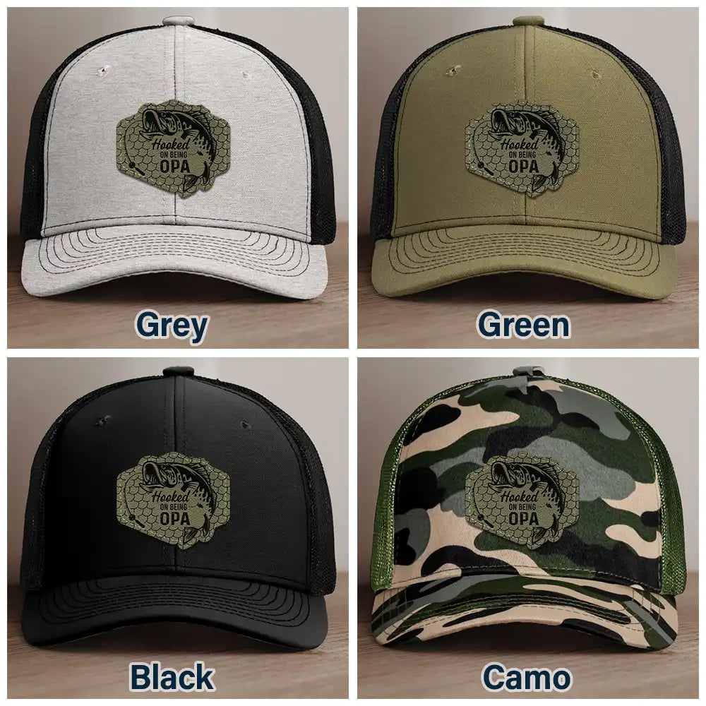 Fishing,Dad's Hobby,Gift For Grandpa - Hooked On Being Grandpa Dad Fishing - Personalized Leather Patch Hat