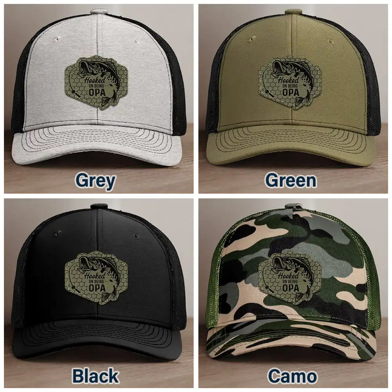 Fishing,Dad's Hobby,Gift For Grandpa - Hooked On Being Grandpa Dad Fishing - Personalized Leather Patch Hat