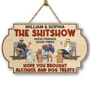 Happy, Dog Lovers, Grilling, Gift For Couples, Dog Couple, Couple's Hobby, Backyard - Hope You Brought Alcohol And Dog Treats Couples Funny Cartoon Dog - Personalized Custom Shaped Wood Sign