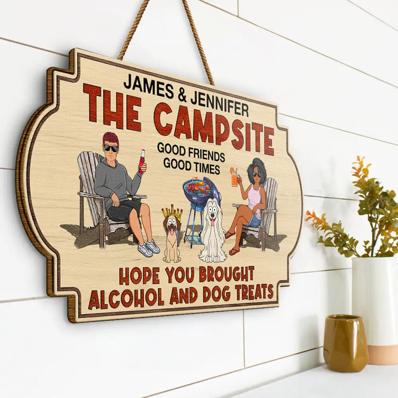 Happy, Dog Lovers, Grilling, Gift For Couples, Dog Couple, Couple's Hobby, Backyard - Hope You Brought Alcohol And Dog Treats Couples Funny Cartoon Dog - Personalized Custom Shaped Wood Sign