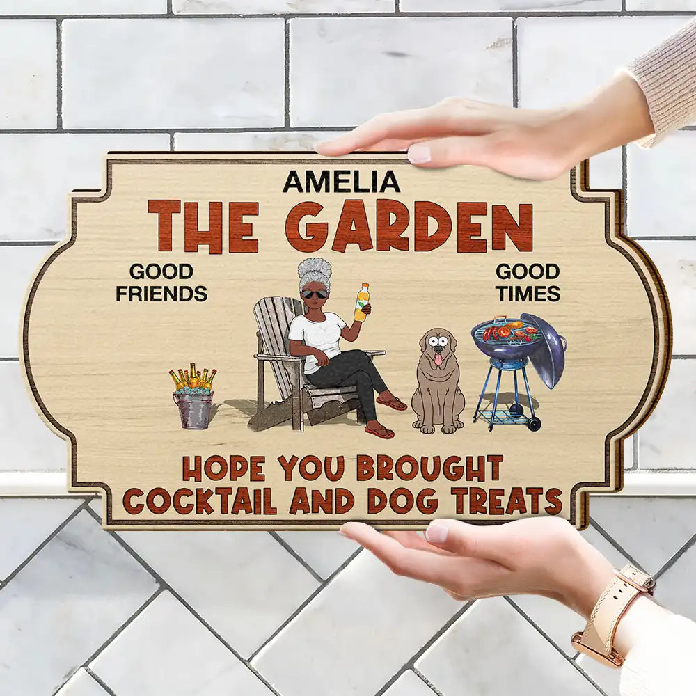 Happy, Dog Lovers, Grilling, Gift For Couples, Dog Couple, Couple's Hobby, Backyard - Hope You Brought Alcohol And Dog Treats Couples Funny Cartoon Dog - Personalized Custom Shaped Wood Sign