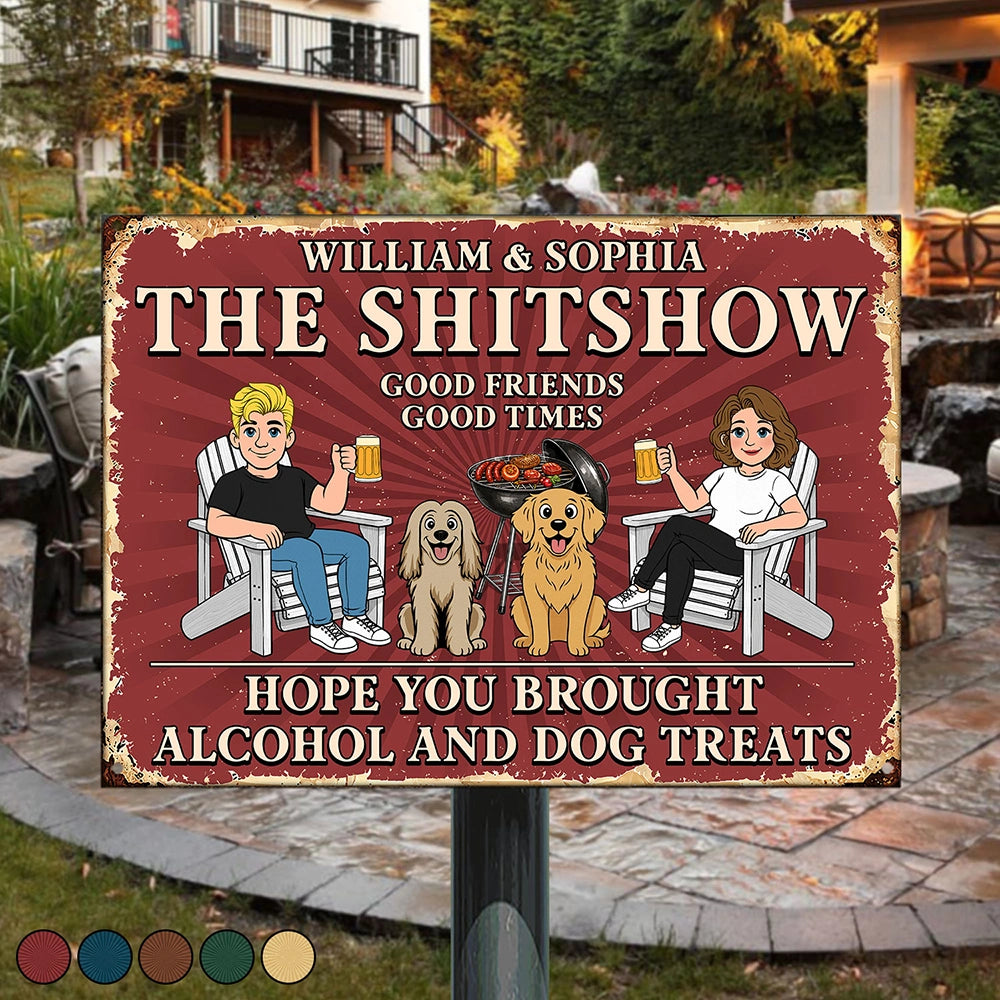 Hope You Brought Alcohol And Dog Treats Retro Cartoon Couple - Personalized Classic Metal Signs