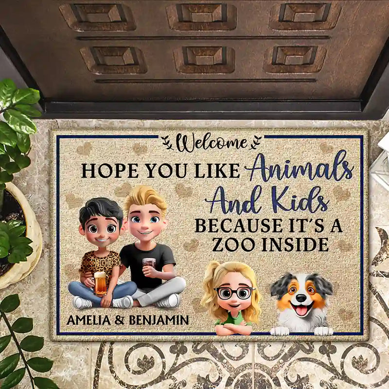 Dog Lovers,Pet Lovers,Happy,Gift For Couples,Cat Lovers,Parents - Hope You Like Animals And Kids New Version - Personalized Doormat