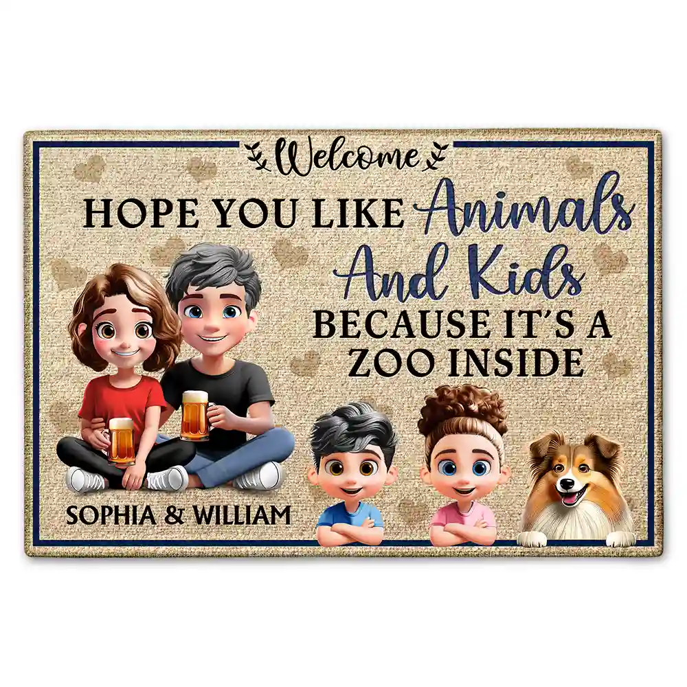 Dog Lovers,Pet Lovers,Happy,Gift For Couples,Cat Lovers,Parents - Hope You Like Animals And Kids New Version - Personalized Doormat