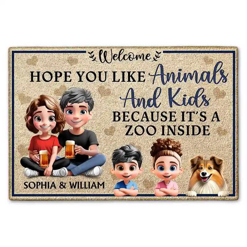 Dog Lovers,Pet Lovers,Happy,Gift For Couples,Cat Lovers,Parents - Hope You Like Animals And Kids New Version - Personalized Doormat