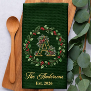 Christmas,Cozy,Gift For Couples,Married Couple,New House,Vector - Housewarming Gift For Married Couples Friend Family - Personalized Christmas Wreath With Initial Kitchen Towel