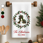 Christmas,Cozy,Gift For Couples,Married Couple,New House,Vector - Housewarming Gift For Married Couples Friend Family - Personalized Christmas Wreath With Initial Kitchen Towel