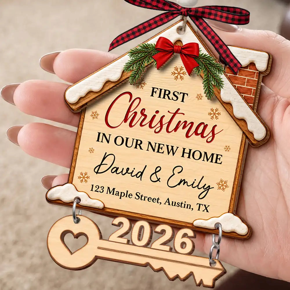 Christmas,Cozy,Custom Text,Gift For Couples,Indoor Decor,Married Couple,New House - Housewarming Gift For Married Couples Friend Family - Personalized First Christmas In Our New Home Wooden Ornament With Tag
