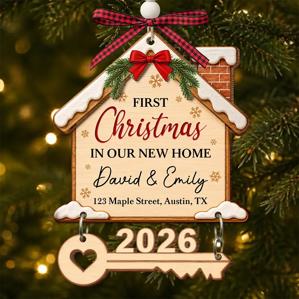 Christmas,Cozy,Custom Text,Gift For Couples,Indoor Decor,Married Couple,New House - Housewarming Gift For Married Couples Friend Family - Personalized First Christmas In Our New Home Wooden Ornament With Tag