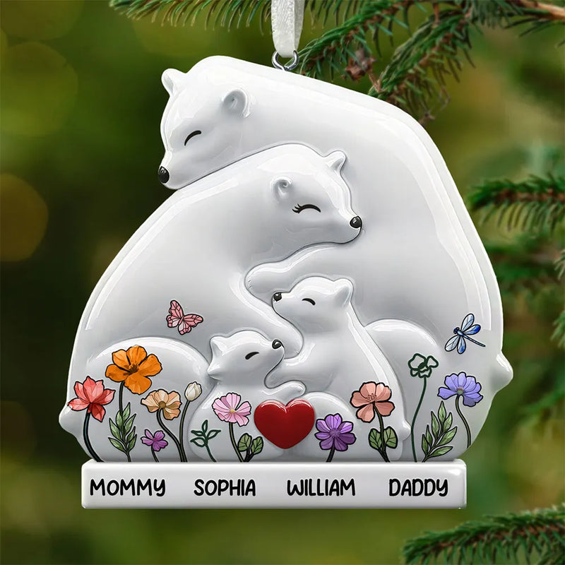 Family,Gift For Couples,Love,Christmas - Hugging Bear Family Toile De Jouy Art - Personalized Embossed Ceramic Ornament
