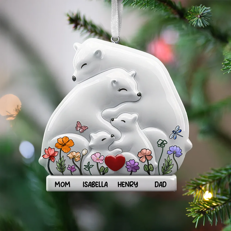 Family,Gift For Couples,Love,Christmas - Hugging Bear Family Toile De Jouy Art - Personalized Embossed Ceramic Ornament