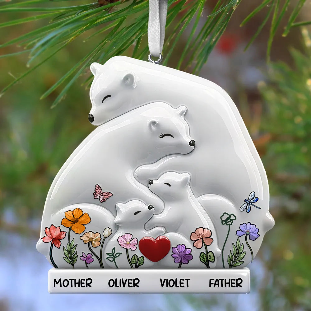 Family,Gift For Couples,Love,Christmas - Hugging Bear Family Toile De Jouy Art - Personalized Embossed Ceramic Ornament