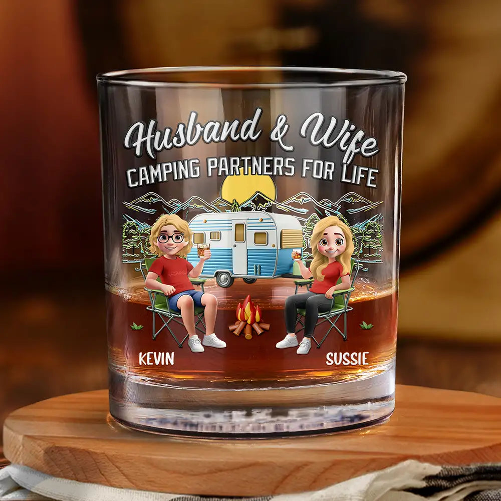 Camping,Campsite,Gift For Couples,Happy,Gift For Husband,Gift For Girlfriend,Gift For Boyfriend,Gift For Wife - Husband And Wife Camping Partners - Personalized Whiskey Glass
