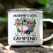 Happy,Gift For Husband,Gift For Wife,Gift For Couples,Camping,Campsite,Couple's Hobby - Husband And Wife Camping Partners For Life - Personalized Enamel Mug