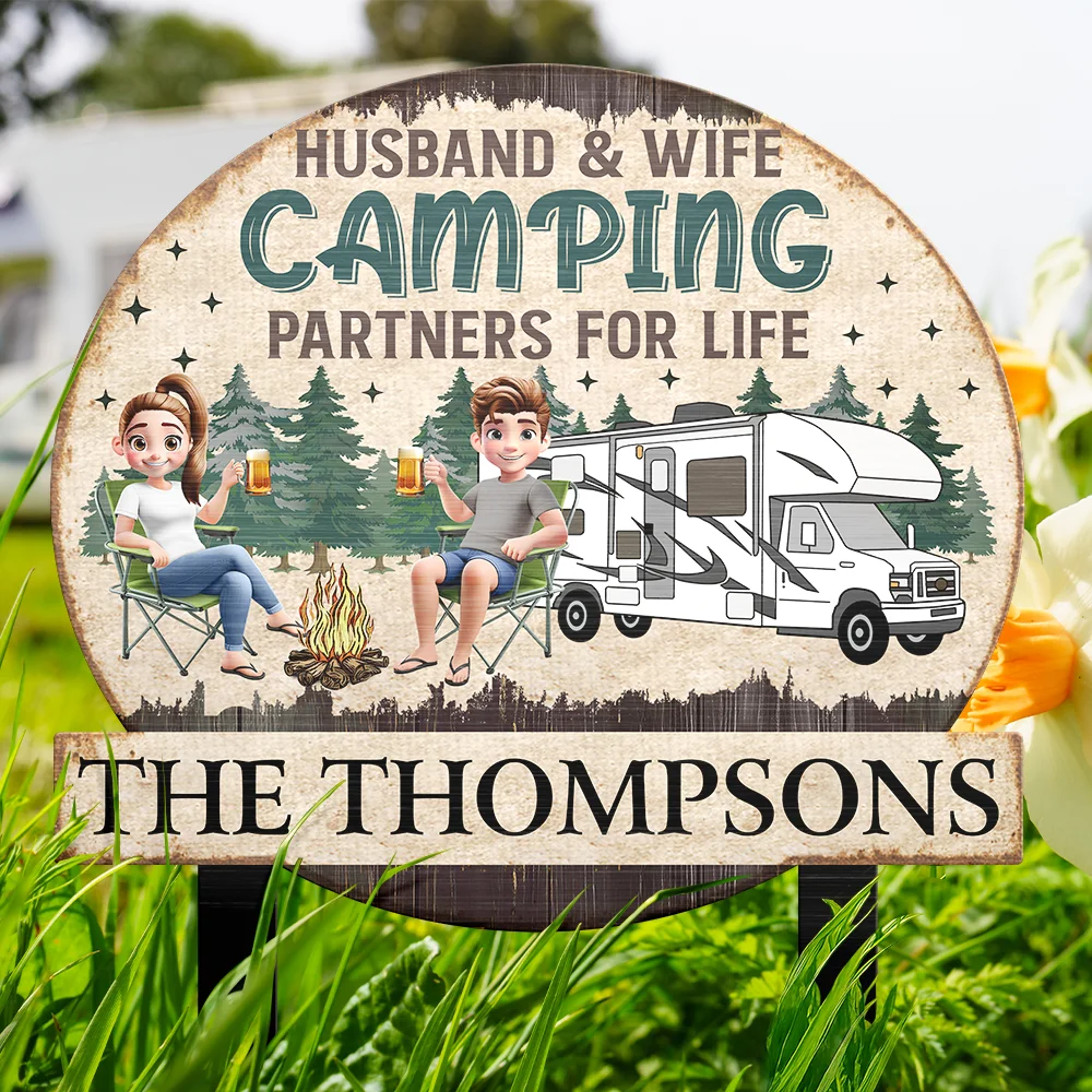 Camping, Campsite, Gift For Couples - Husband And Wife Camping Partners For Life - Personalized Metal Garden Stake