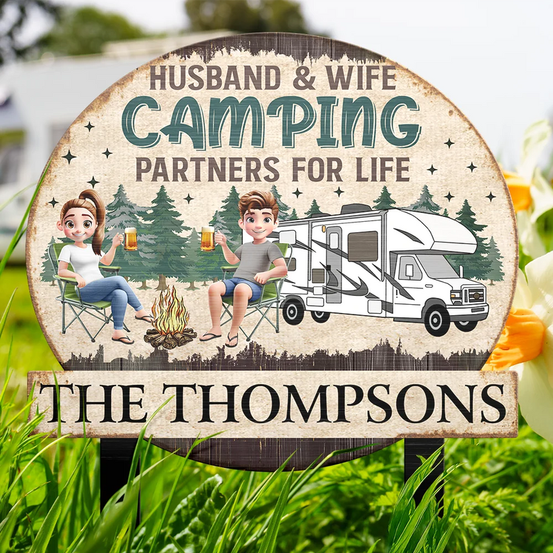 Camping, Campsite, Gift For Couples - Husband And Wife Camping Partners For Life - Personalized Metal Garden Stake