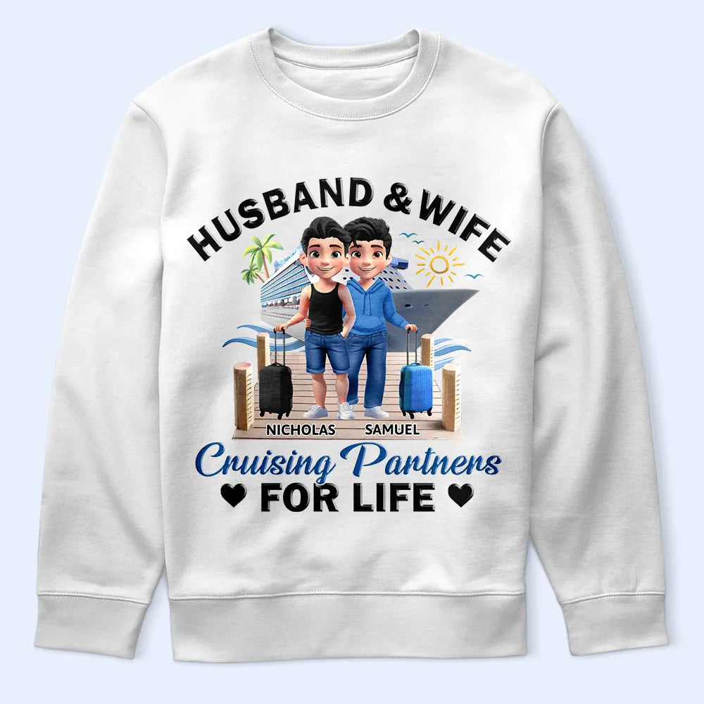 Gift For Couples,Old Couples,Gift For Husband,Gift For Wife,Gift For Boyfriend,Gift For Girlfriend,Cruising,Happy,Vector,Romantic - Husband And Wife Cruising Partners For Life 3D Effect Couple - Personalized T Shirt