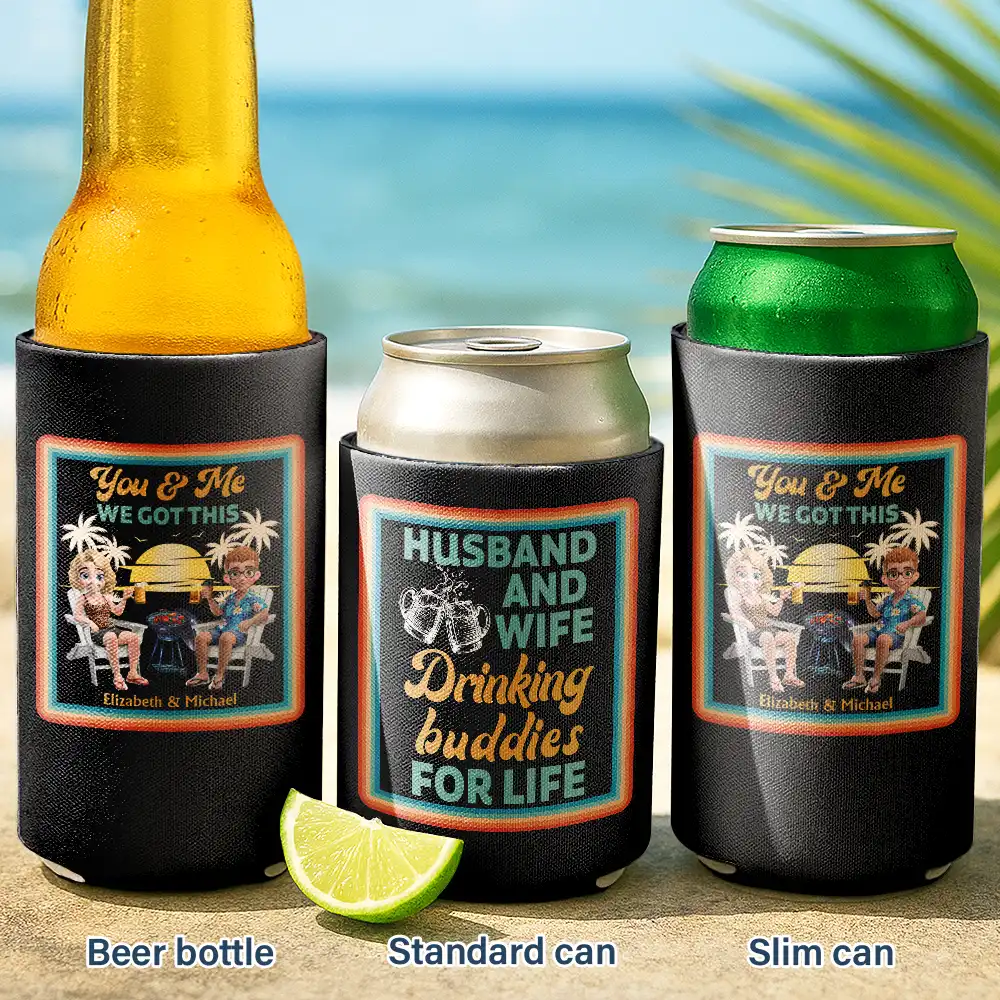 Gift For Husband, Gift For Wife, Married, Parents, Gift For Couples, Happy - Husband And Wife Drinking Buddies For Life - Personalized Can Cooler Sleeve