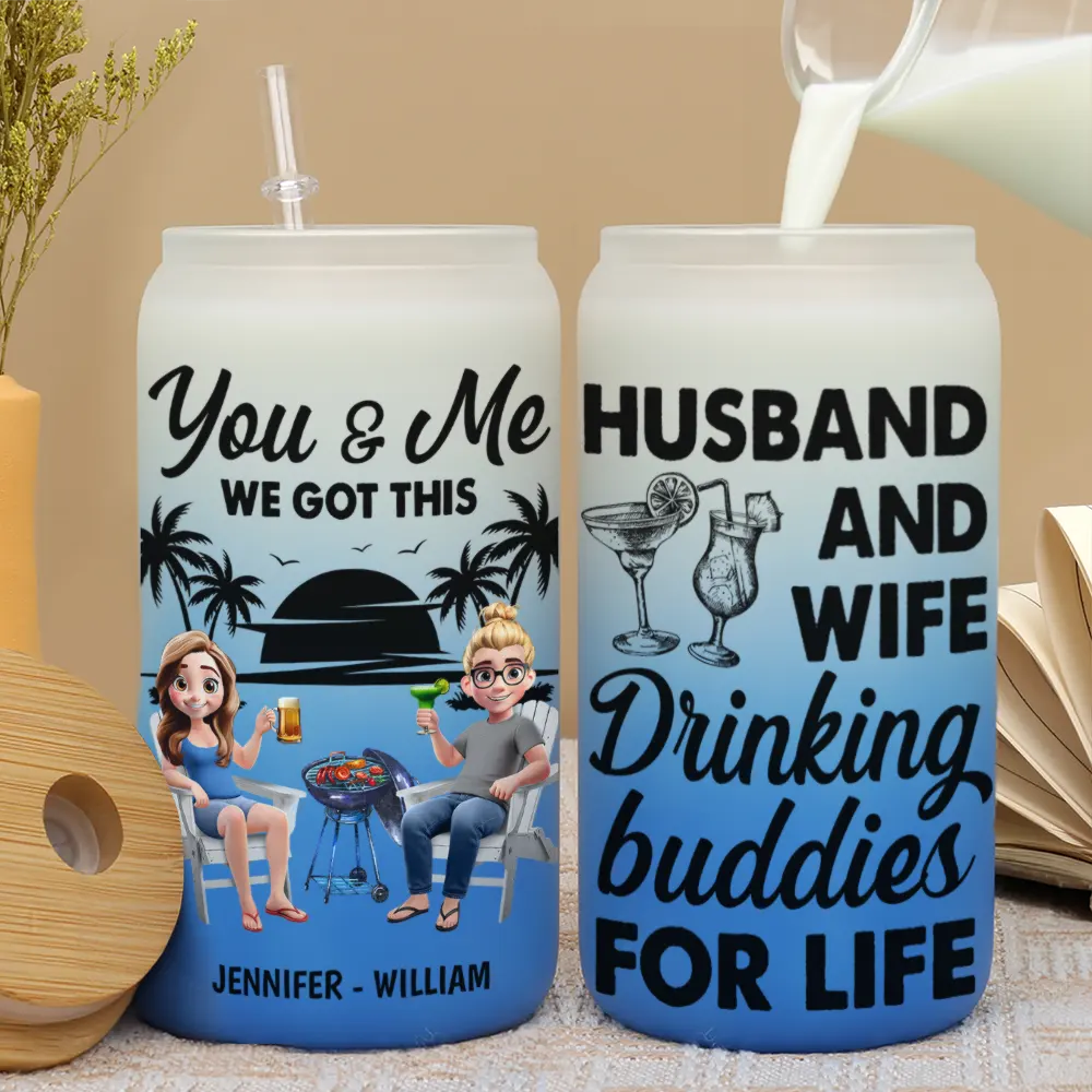 Gift For Couples,Gift For Husband,Gift For Wife,Beach,Summer,Happy - Husband & Wife Drinking Buddies For Life - Personalized Ombre Frosted Glass Can