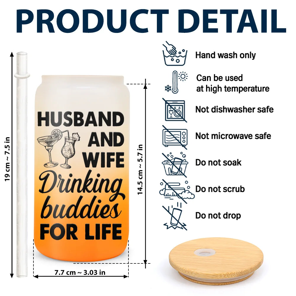 Gift For Couples,Gift For Husband,Gift For Wife,Beach,Summer,Happy - Husband & Wife Drinking Buddies For Life - Personalized Ombre Frosted Glass Can