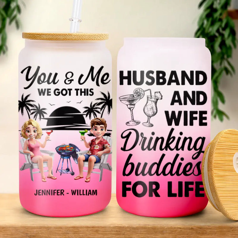 Gift For Couples,Gift For Husband,Gift For Wife,Beach,Summer,Happy - Husband & Wife Drinking Buddies For Life - Personalized Ombre Frosted Glass Can