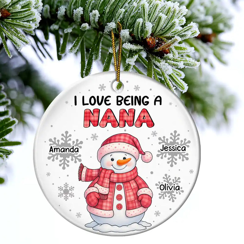 Gift For Grandma,Gift For Mother,Happy,Christmas,Gift For Kids,Gift For Grandkids - I Love Being A Grandma Snowman - Personalized Circle Ceramic Ornament