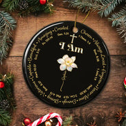 Christmas, Christian, Gift For Yourself - I Am Always Loved Birth Month Flower Nacre Effect - Personalized Circle Ceramic Ornament
