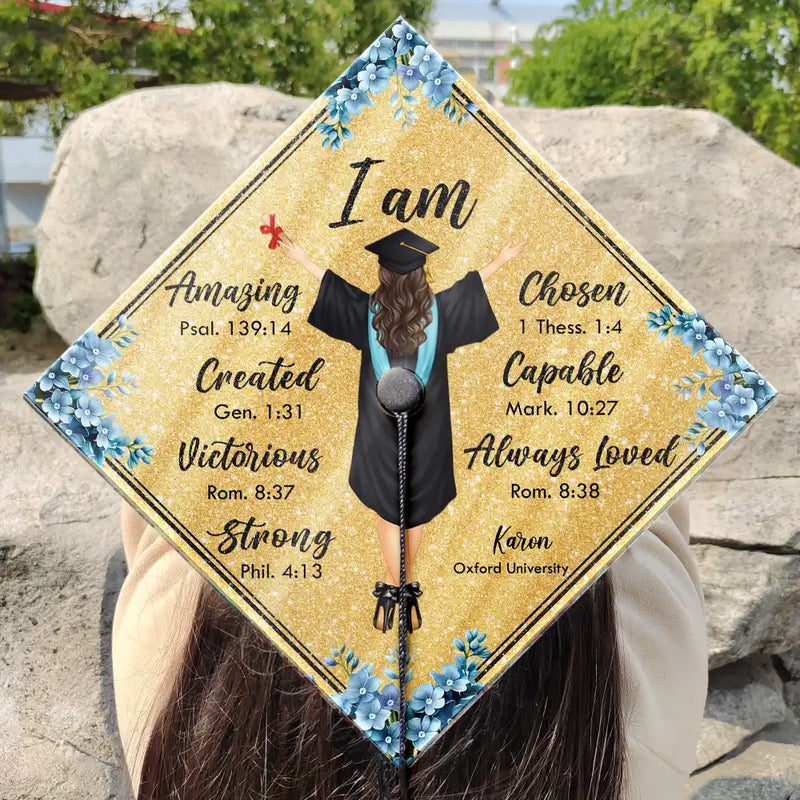 Graduation,Gift For Yourself,Gift For Daughter,Gift For Sisters,Gift For Bestie,Happy - I Am Amazing Capable Strong - Personalized Graduation Cap Topper